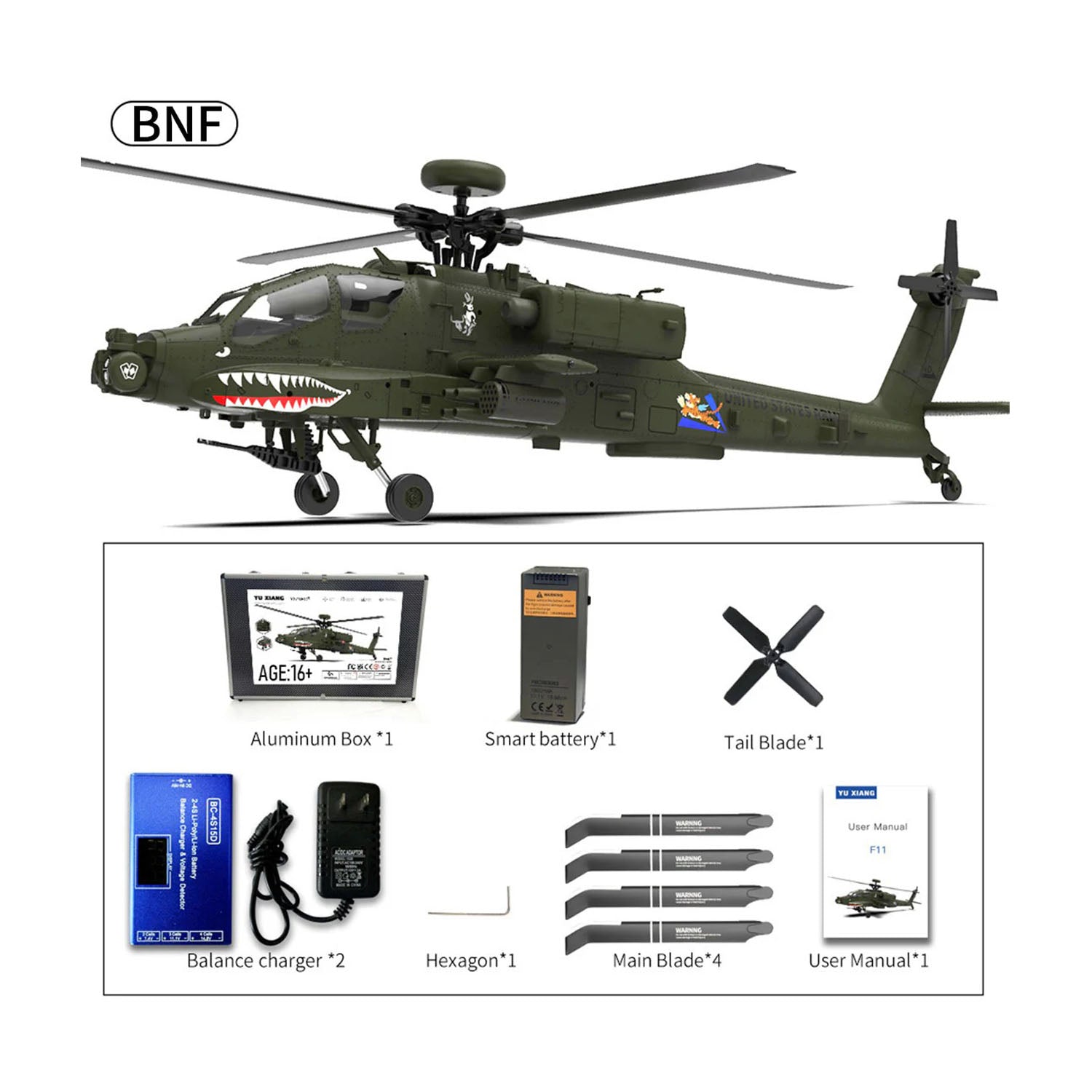 Yuxiang F11 Apache AH64 RC Hubschrauber mit 2.4GH 3D/6G Remote 1:32