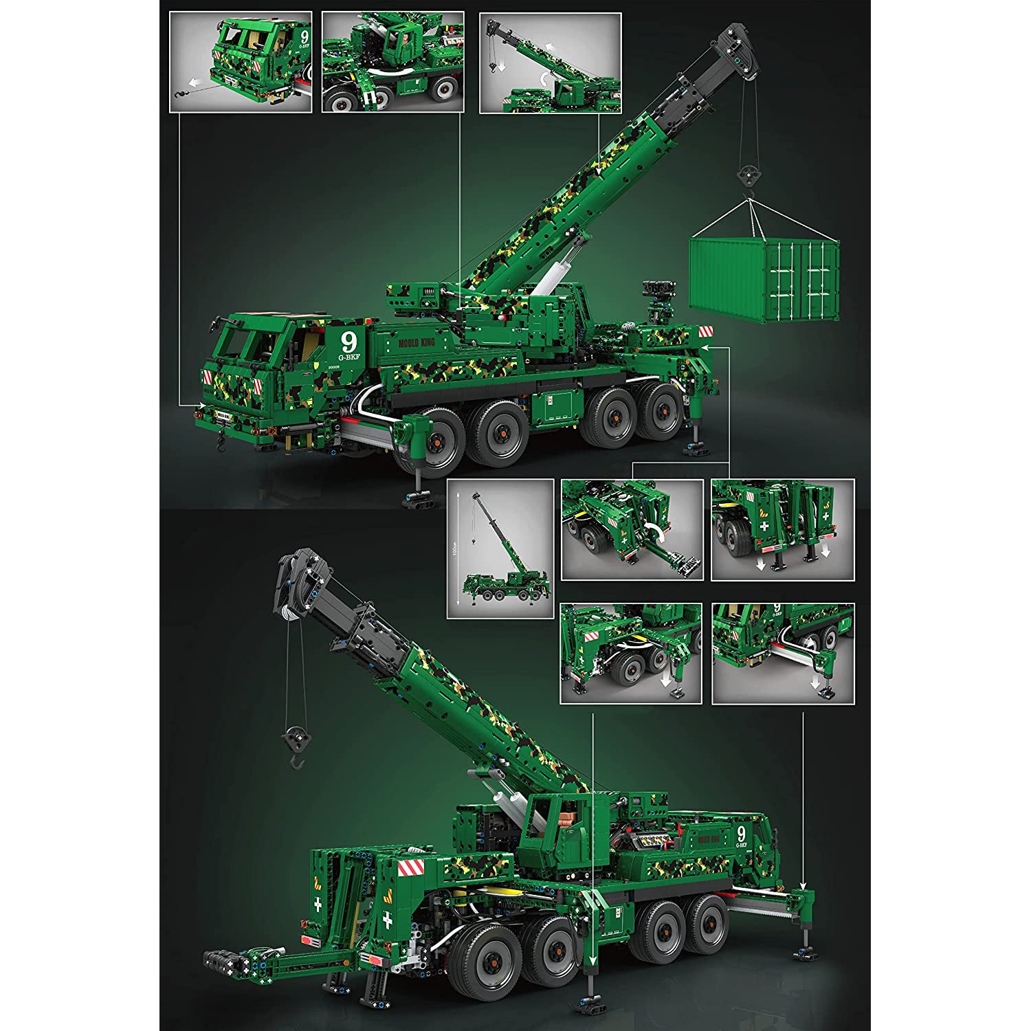 Mould King 20009 Military - Pneumatik gepanzertes Rettungsfahrzeug Kran RC Fernbedienung Technik Bausteine